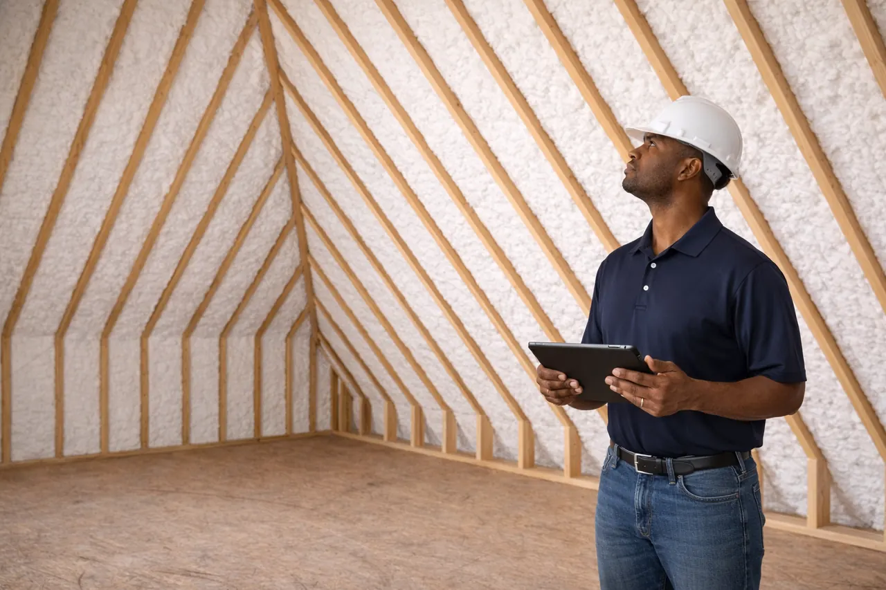 Texas Foam Pro technician inspecting spray foam insulation applied to the underside of an attic roof deck