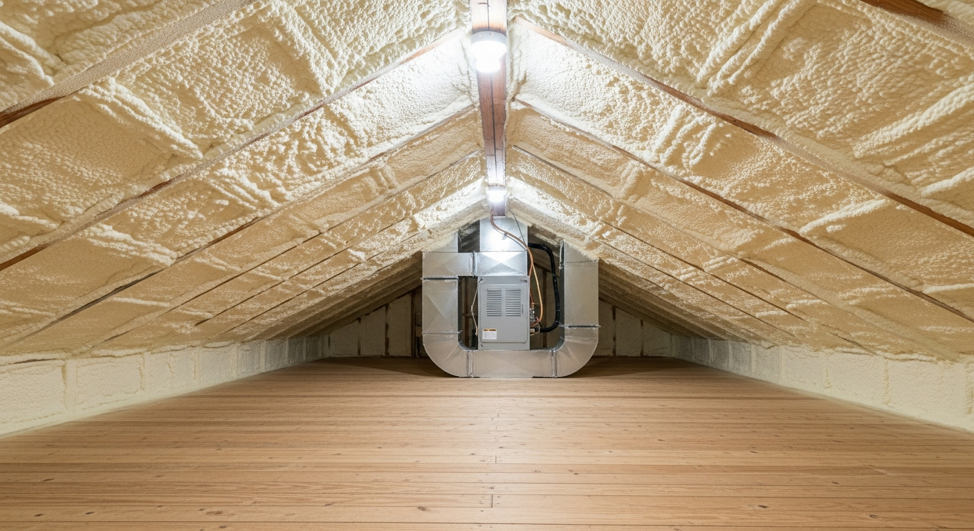 Finished conditioned attic with spray foam applied to the underside of the roof deck, HVAC equipment inside the envelope, and a clean bare attic floor