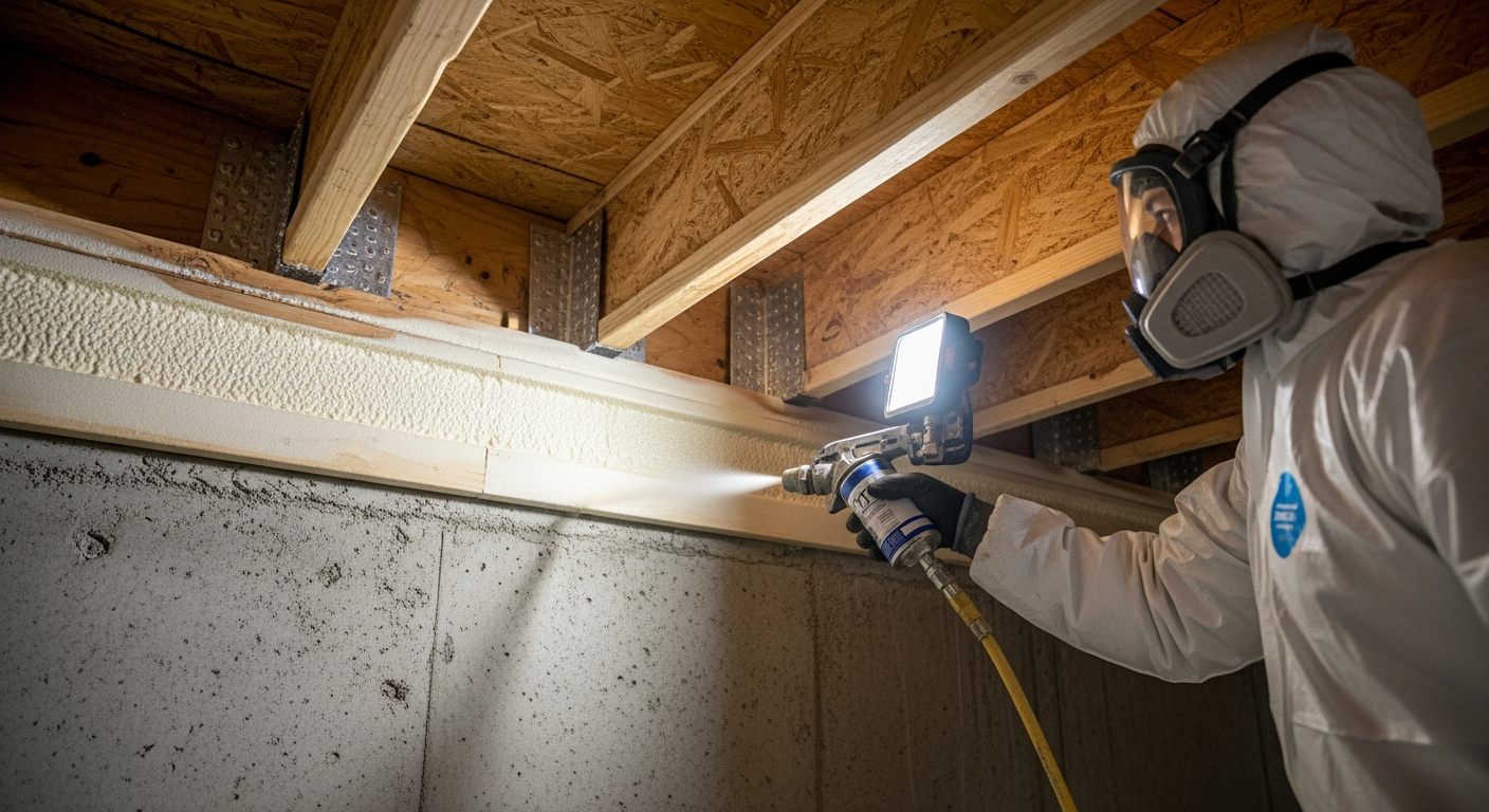 Technician applying closed-cell spray foam to the rim joist band board where floor framing meets the foundation wall