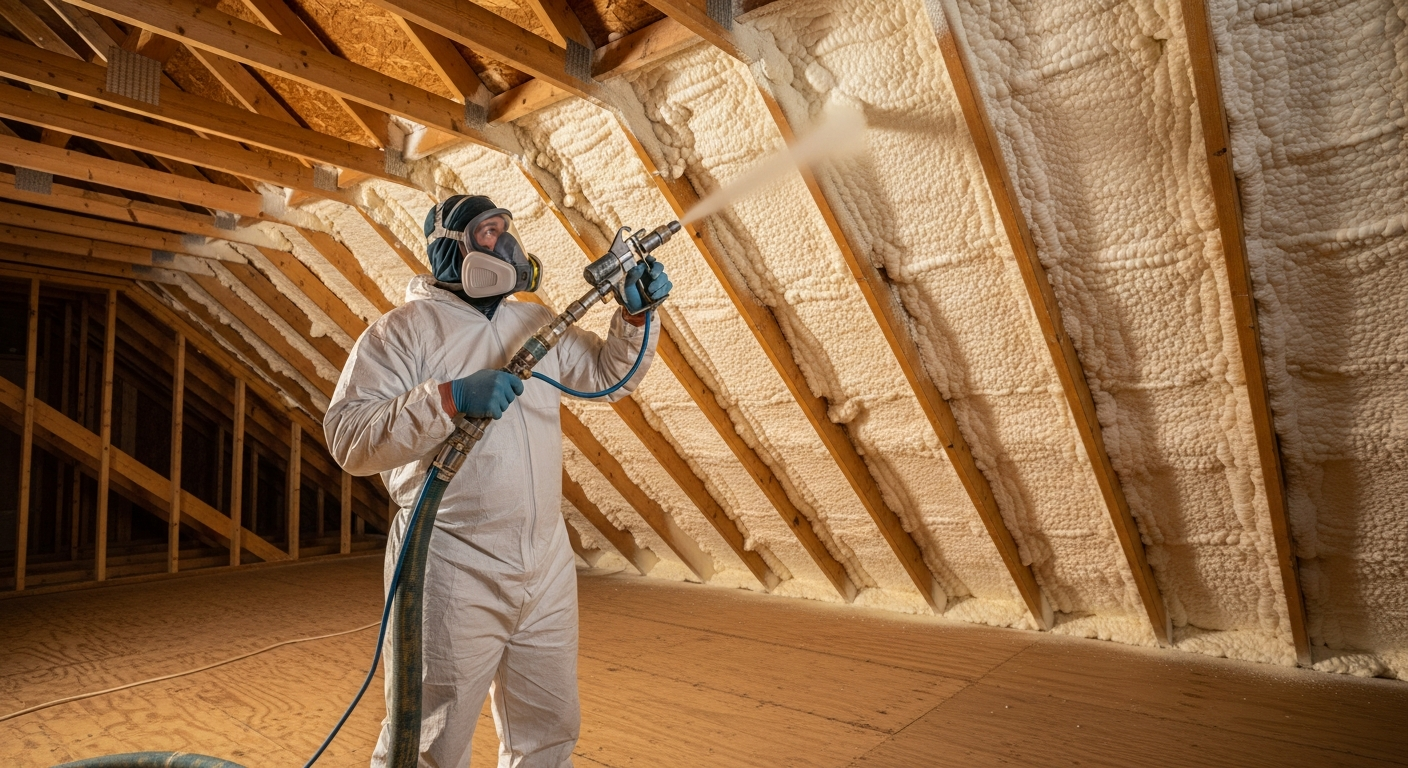 Texas Foam Pro technician spraying foam insulation on the underside of a residential roof deck, with the attic floor left uncovered