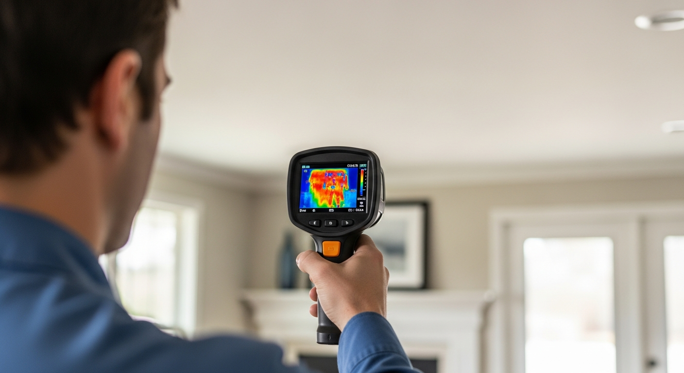 Energy specialist scanning a home ceiling with a thermal imaging camera while the homeowner watches